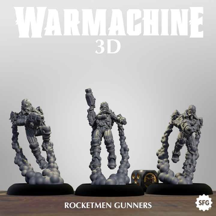 three 3D models of soldiers, likely from the "ROCKETMEN GUNNERS" franchise, standing on a wooden surface.