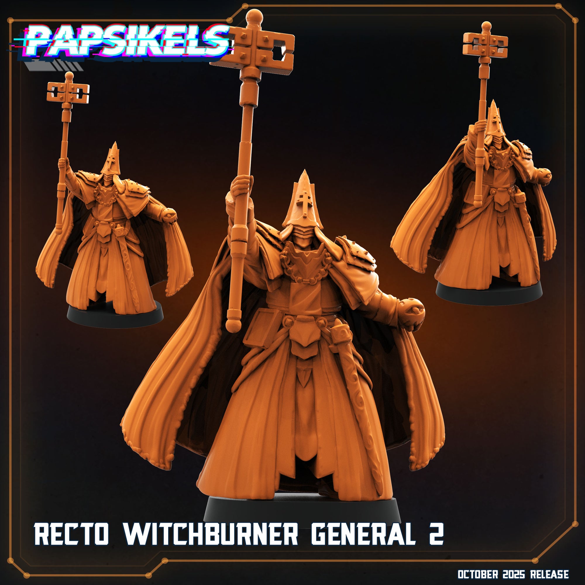 The image is a promotional poster for a video game called "Papsikels" featuring three detailed 3D models of a character named "Rechto Witchburner General 2".