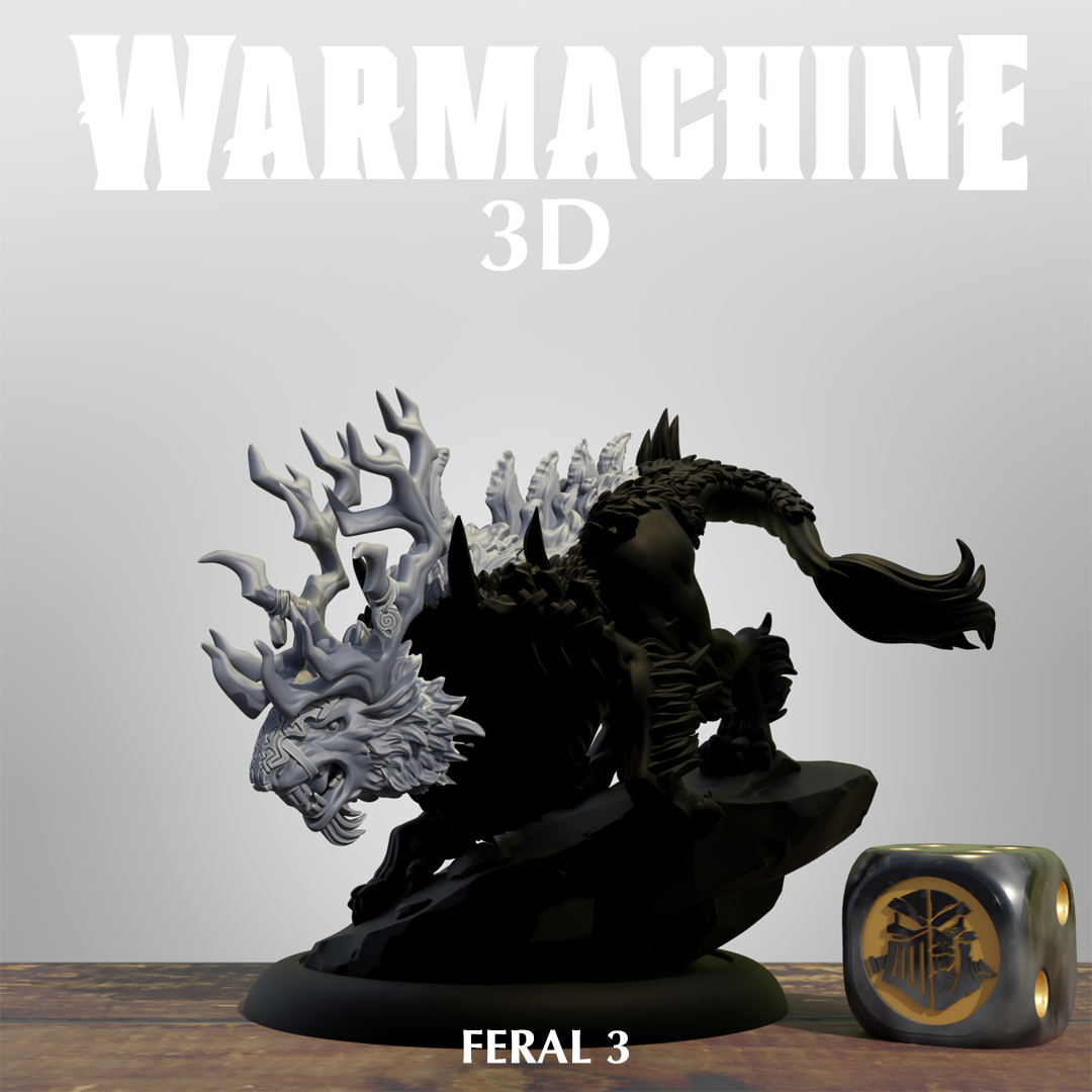 a 3D rendering of a fantastical creature, possibly a dragon or a mythical beast, with sharp teeth and claws. The creature is standing on a rock formation, giving it a majestic and powerful appearance. The creature is accompanied by a dice, which is a common element in fantasy and role-playing games. The image is titled "Warmachine 3D" and is described as a "collage of multiple images".