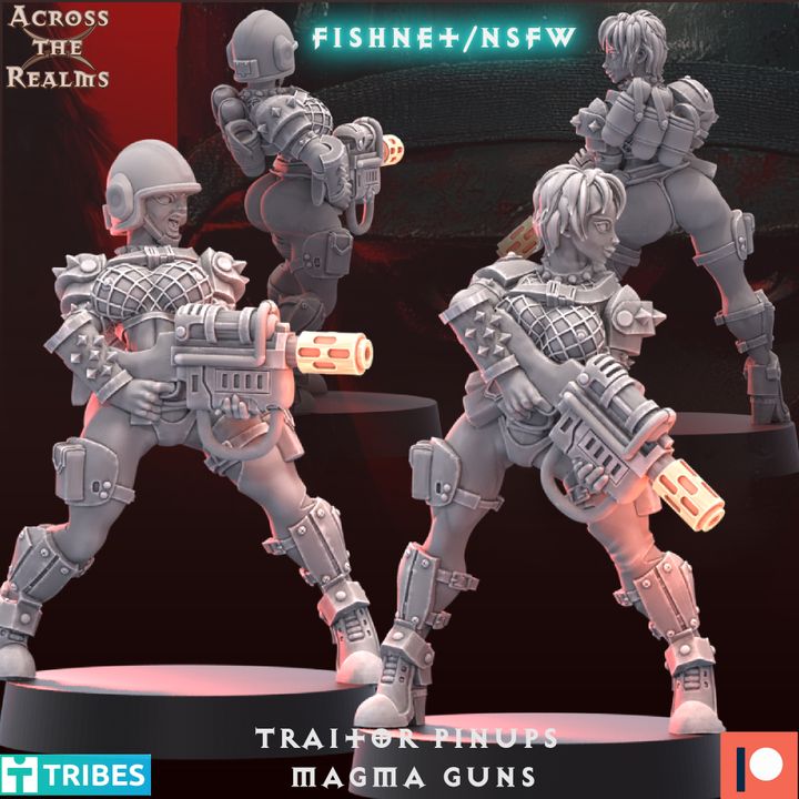The image is a collage of three 3D models of female characters, each holding a gun and wearing futuristic armor. The models are posed in various stances, with one character in the foreground and two others in the background. The image does not contain any text, and the focus is on the detailed 3D rendering of the characters and their weapons.