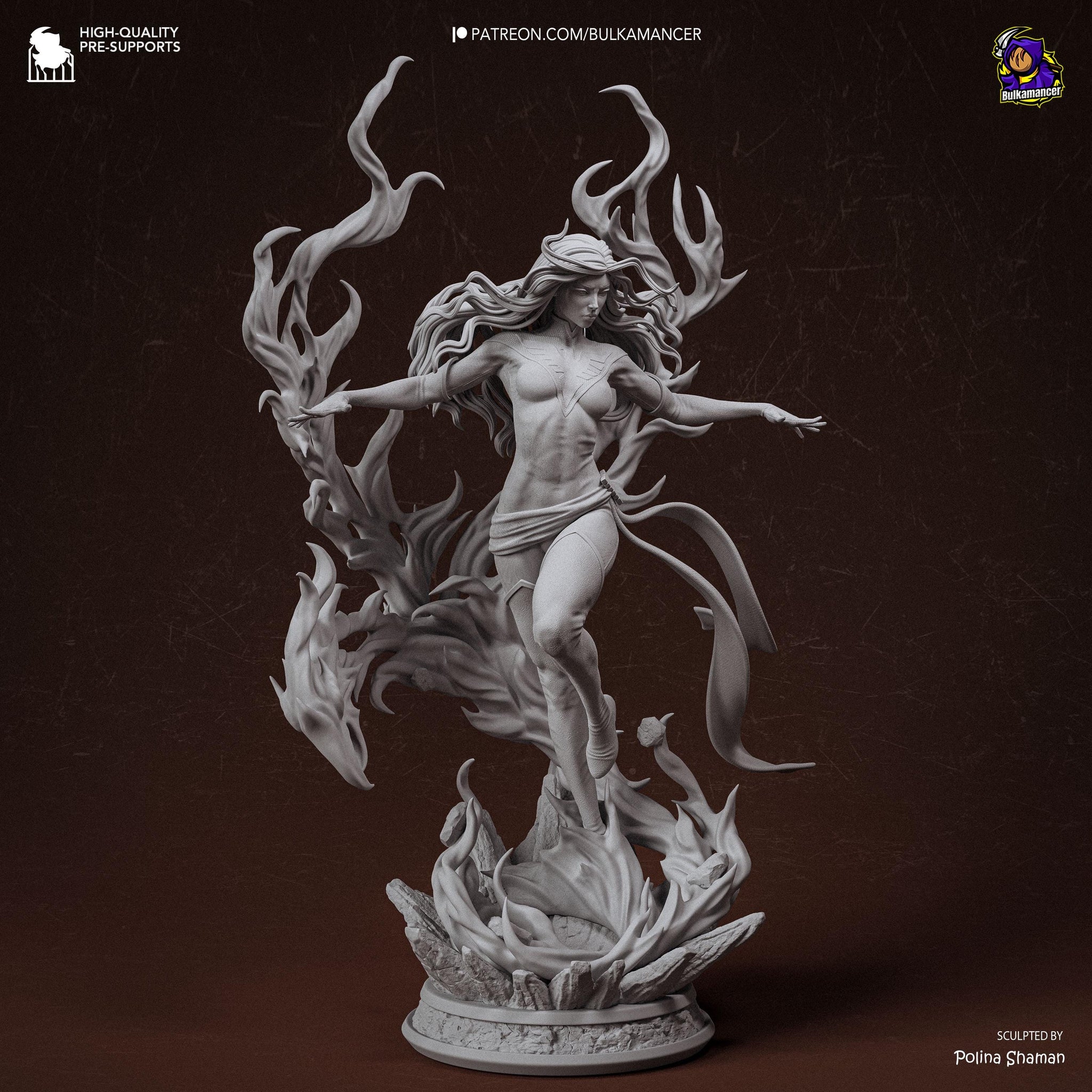 Blazing Rebirth – Elemental Fire Sorceress Display Statue | Large 3D Printed Resin Sculpture | Unpainted Collector Model