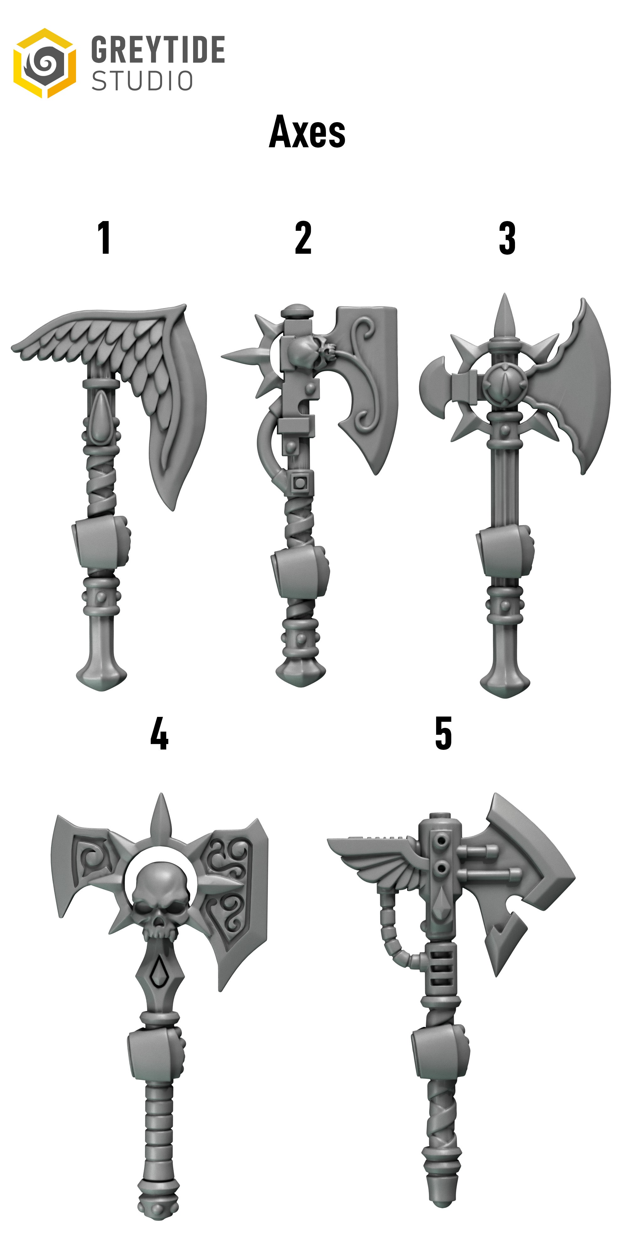five different fantasy weapons, each with unique designs and features. The weapons appear to be axes, as indicated by the text " Axes" at the top of the image.