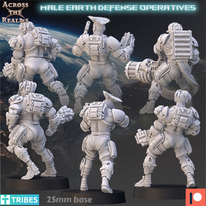 The image is a collage of six male earth defense operators, each in a different pose, showcasing their combat readiness and strength.