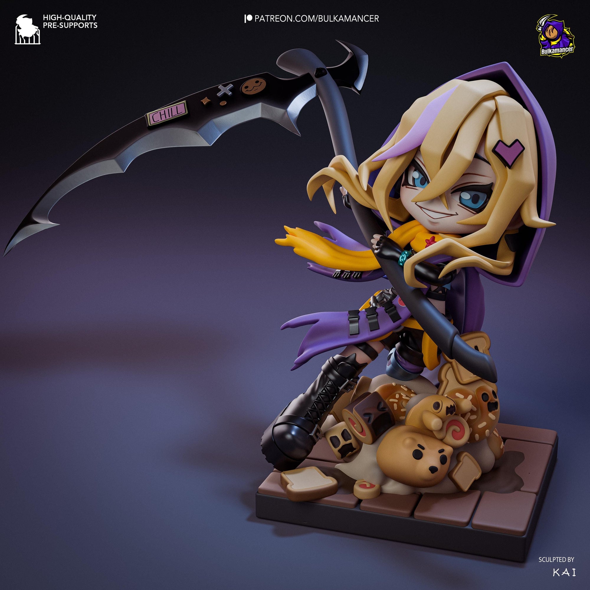 Bulka Chibi Unpainted Resin Statue | Cute Reaper Chibi with Scythe | Dark Fantasy Mini Figure | 108mm Display Model | 3D Printed