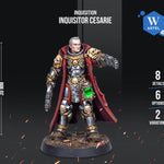 a detailed model of a character from the video game Warhammer 40,000, specifically the character known as the Inquisitor. The character is standing in a fighting stance, wearing a red cape and a suit of armor with various weapons. The image is a collage of multiple images, and it is described as a "collage of multiple images" and "a collage of multiple images" without providing specific details about each individual image.