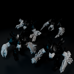 A group of futuristic-looking robots or mechanical creatures with intricate, angular designs and weapons, set against a dark background.