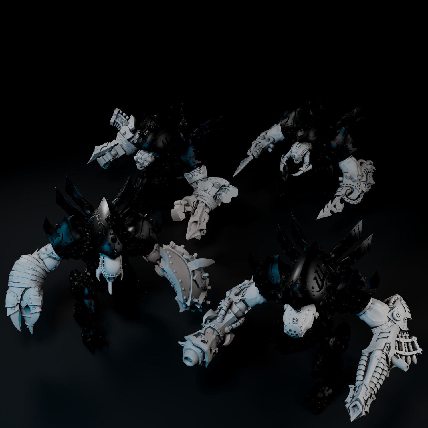 A group of futuristic-looking robots or mechanical creatures with intricate, angular designs and weapons, set against a dark background.