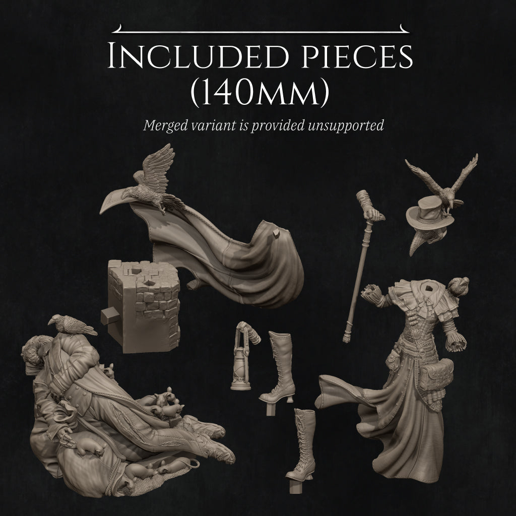 various figurines and statues, including a bird, a person, and other abstract shapes and forms, all set against a dark background.