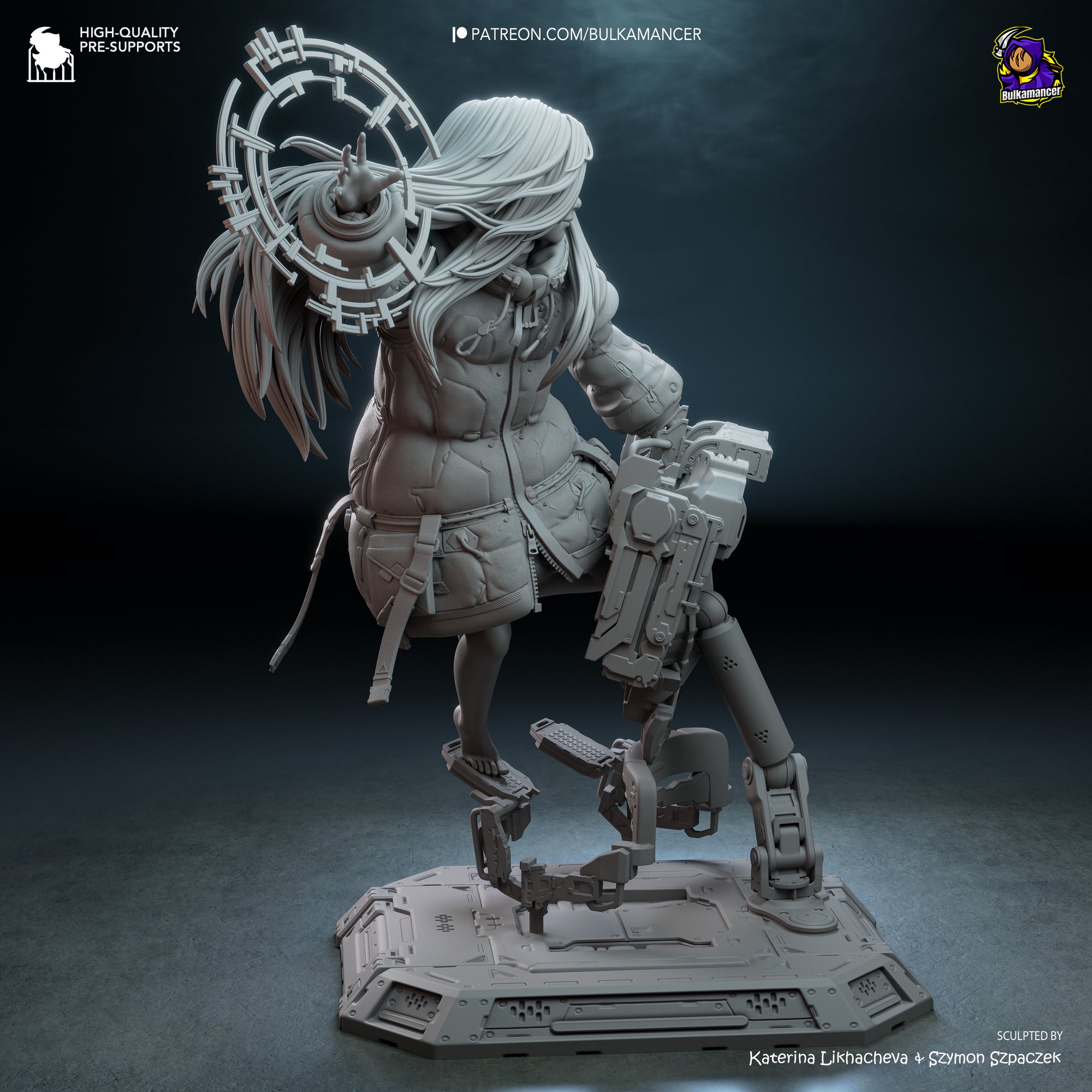A 3D rendering of a futuristic character with long hair, wearing a jacket and holding a large mechanical device. The character appears to be a female figure with a mechanical or robotic appearance.