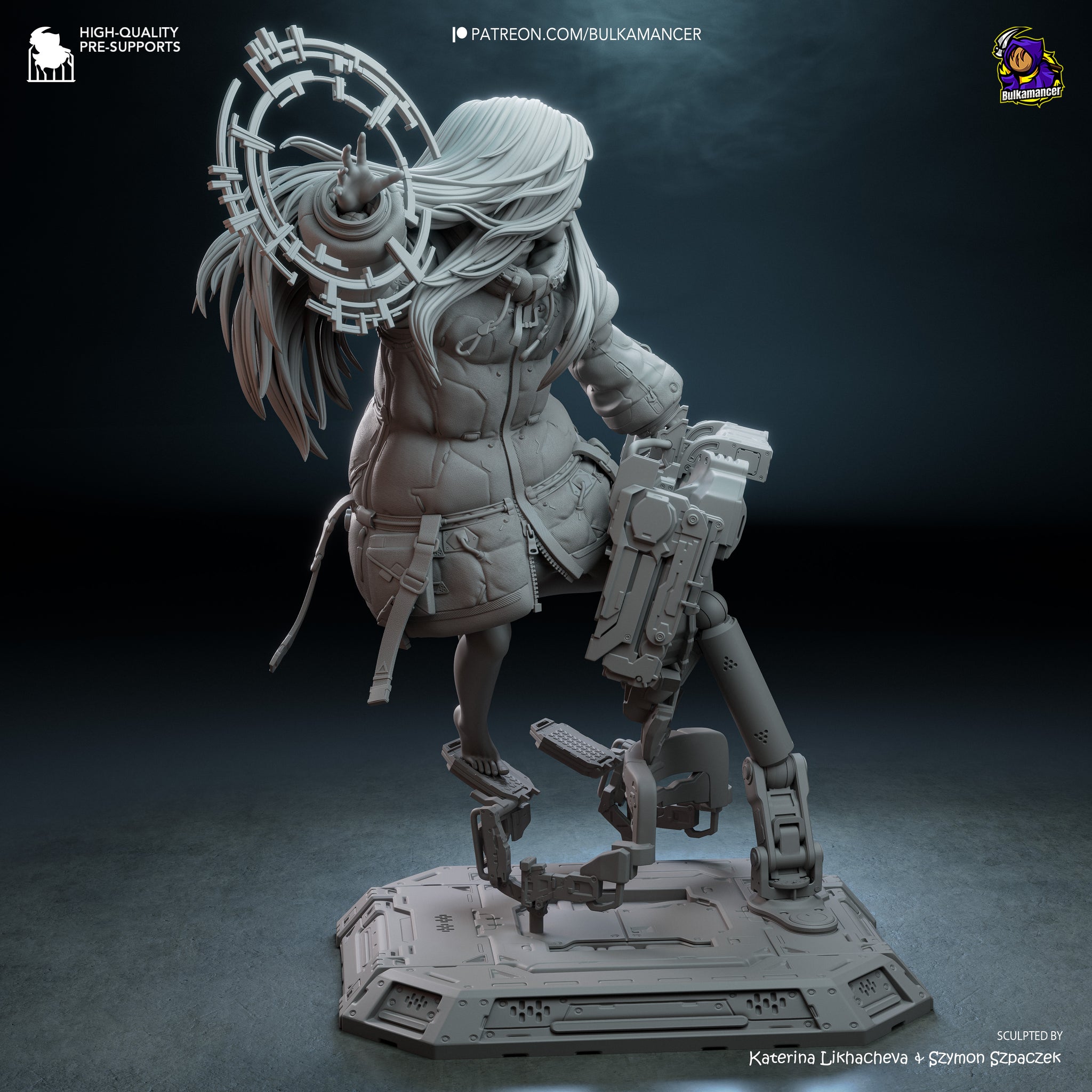 A 3D rendering of a futuristic character with long hair, wearing a jacket and holding a large mechanical device. The character appears to be a female figure with a mechanical or robotic appearance.