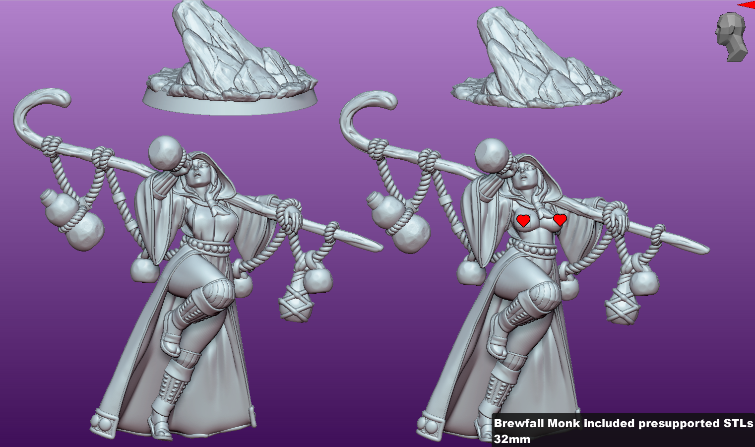 two 3D models of a female character, one standing and one kneeling, both holding a staff with various objects attached to it. The character is wearing a long cloak and has a heart-shaped emblem on her chest. The image is a collage of two separate images, and the caption indicates that the Brewfall Monk included a pre-supported STL.