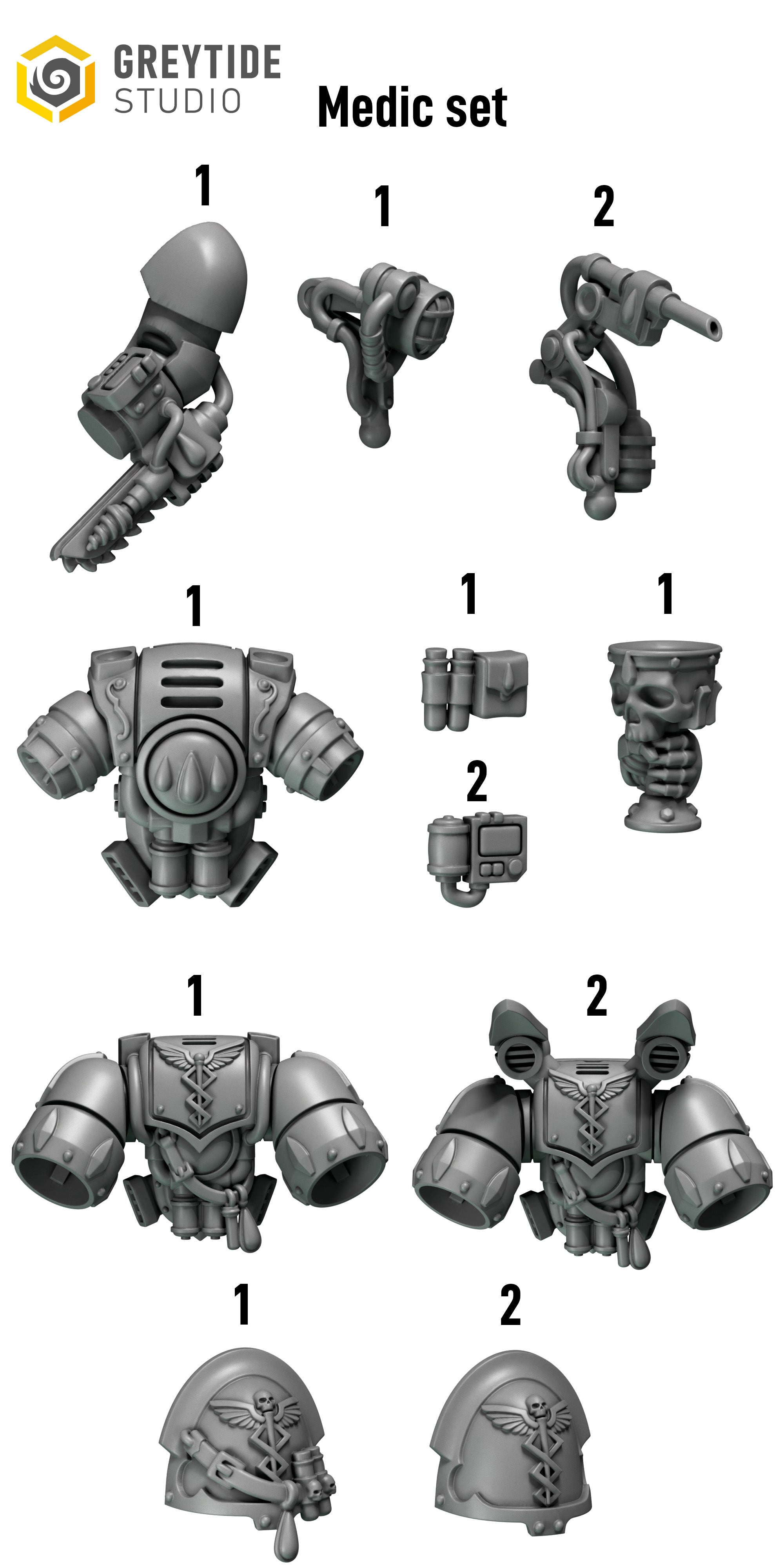 nine different medical set pieces, including various types of armor, weapons, and medical equipment.