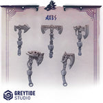 five different types of axes, each with unique designs and features, displayed against a purple and white background.