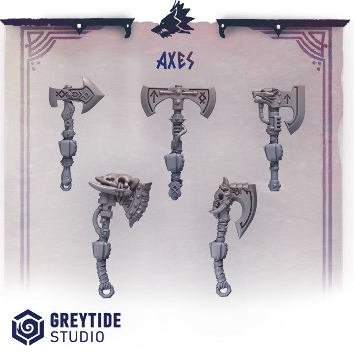 five different types of axes, each with unique designs and features, displayed against a purple and white background.
