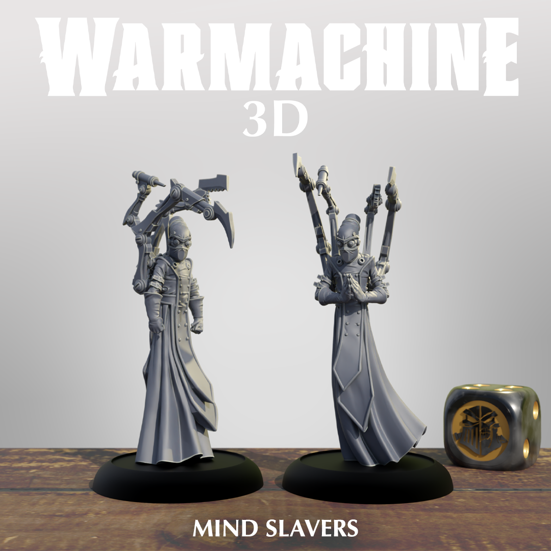two 3D models of characters from the video game "Mind Slavers", placed on a wooden surface.