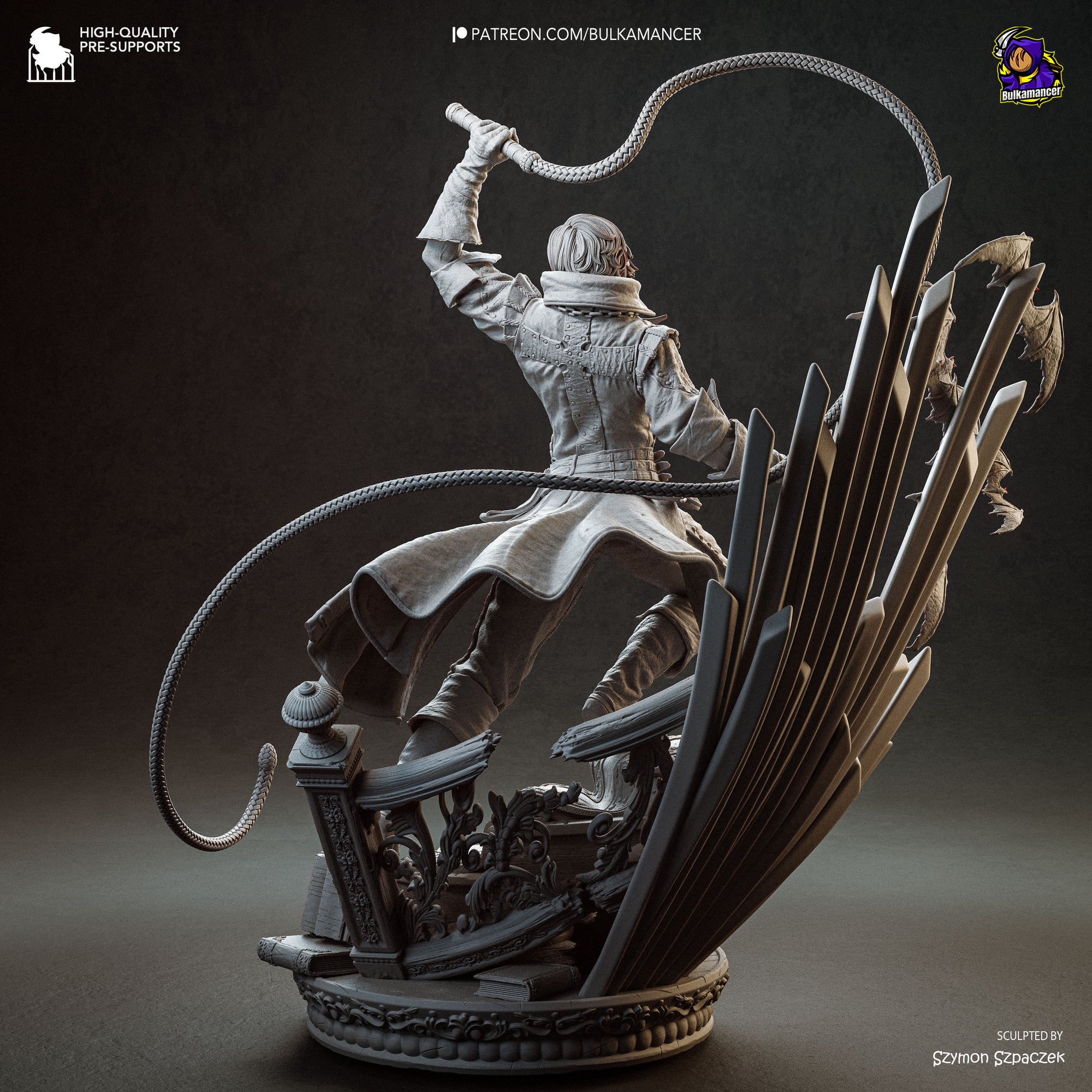 A 3D printed statue of a person holding a whip and a sword, with a dark background.