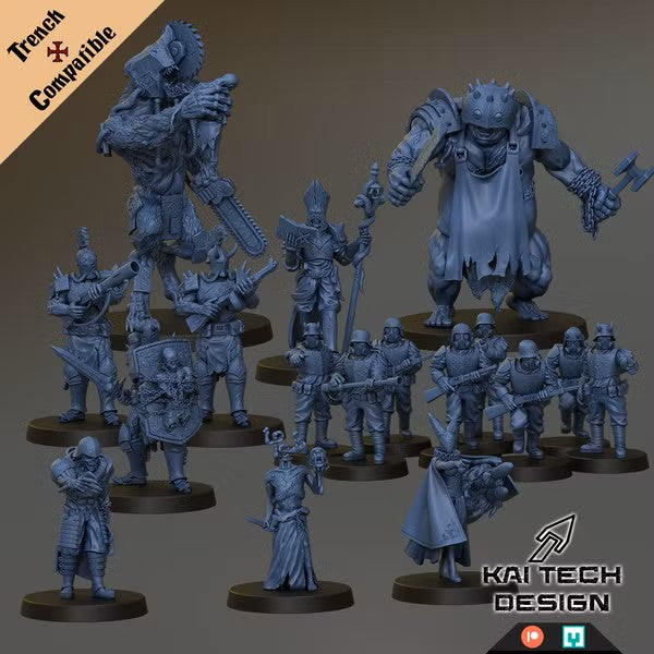 a collection of various figurines, including soldiers, knights, and other fantasy characters, arranged on platforms.