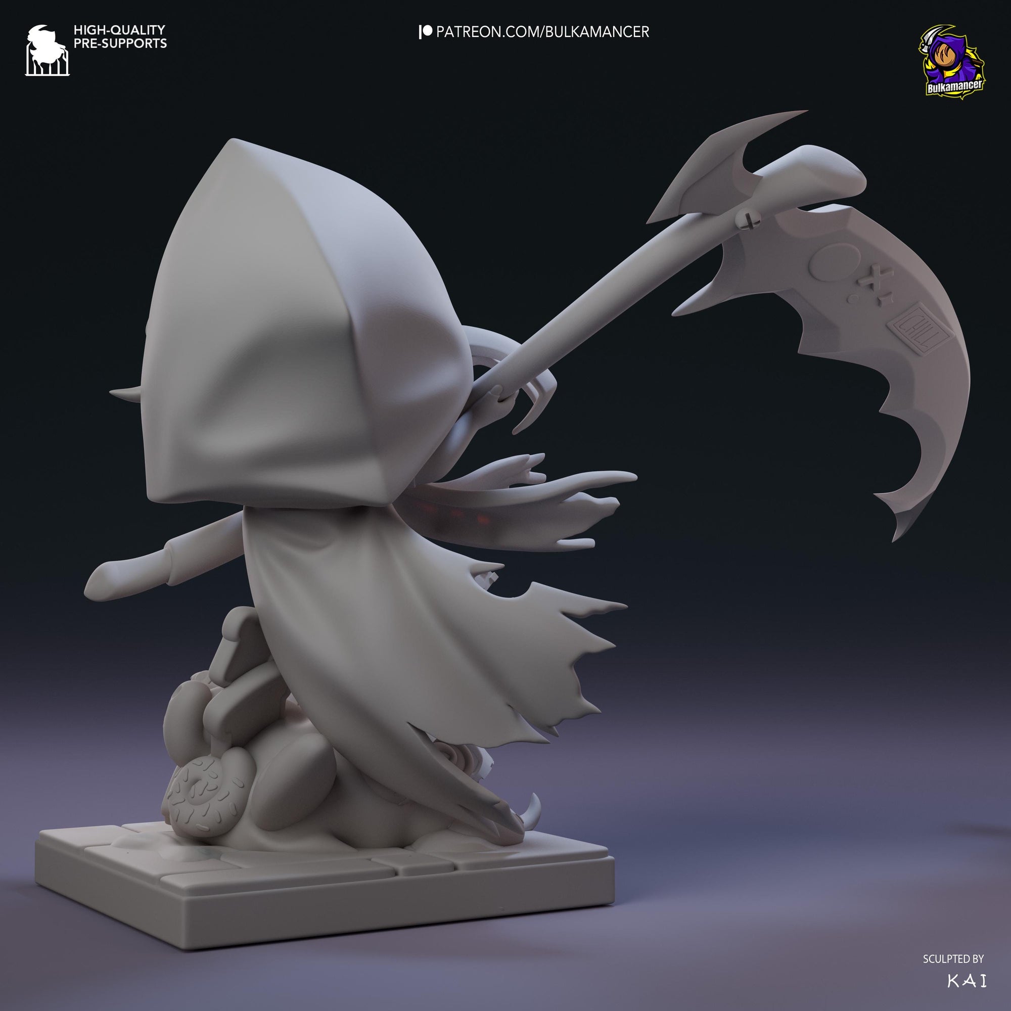 Bulka Chibi Unpainted Resin Statue | Cute Reaper Chibi with Scythe | Dark Fantasy Mini Figure | 108mm Display Model | 3D Printed