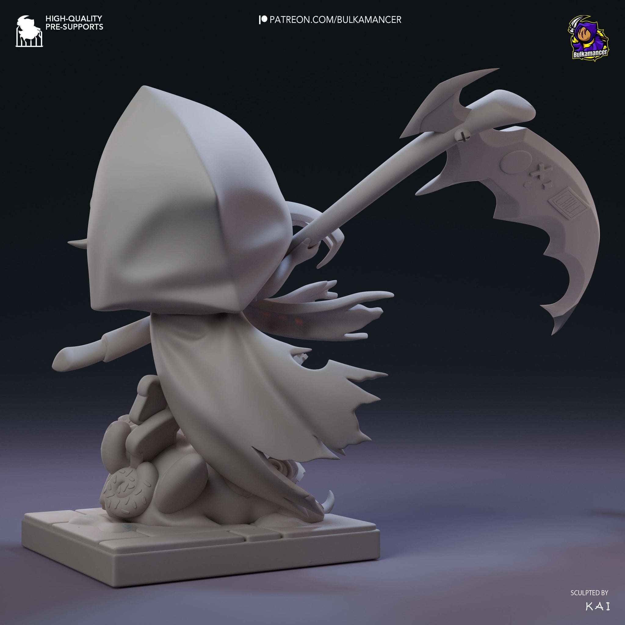 Bulka Chibi Unpainted Resin Statue | Cute Reaper Chibi with Scythe | Dark Fantasy Mini Figure | 108mm Display Model | 3D Printed