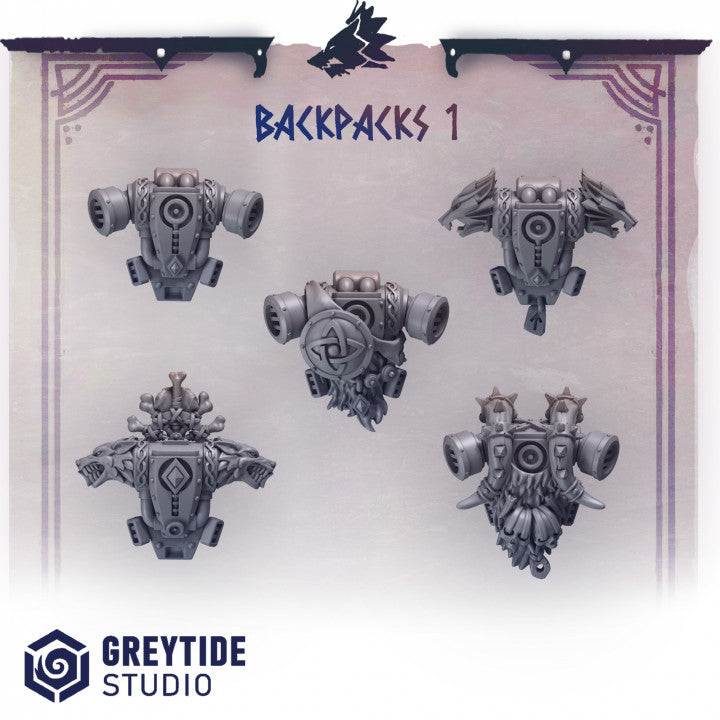 five different designs of futuristic-looking backpacks, each with unique features and designs.
