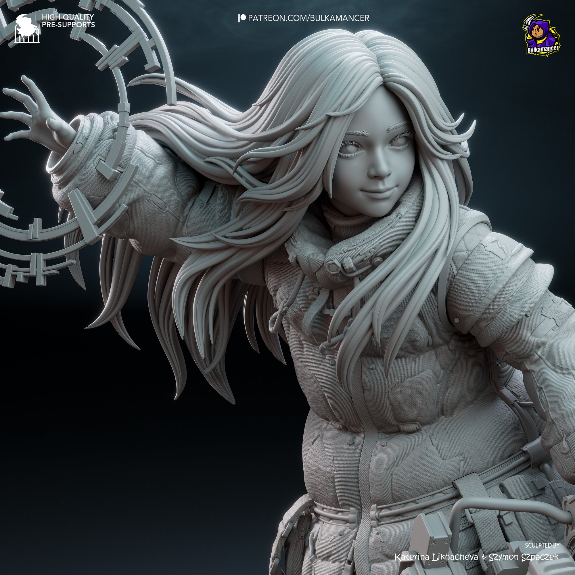 A detailed 3D rendering of a female character with long, flowing hair and a serious expression, wearing a futuristic-looking outfit and wielding a weapon.