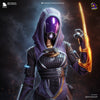 A futuristic, purple-clad figure wielding a glowing golden weapon stands in a dark, fiery environment, with a mysterious, otherworldly atmosphere.