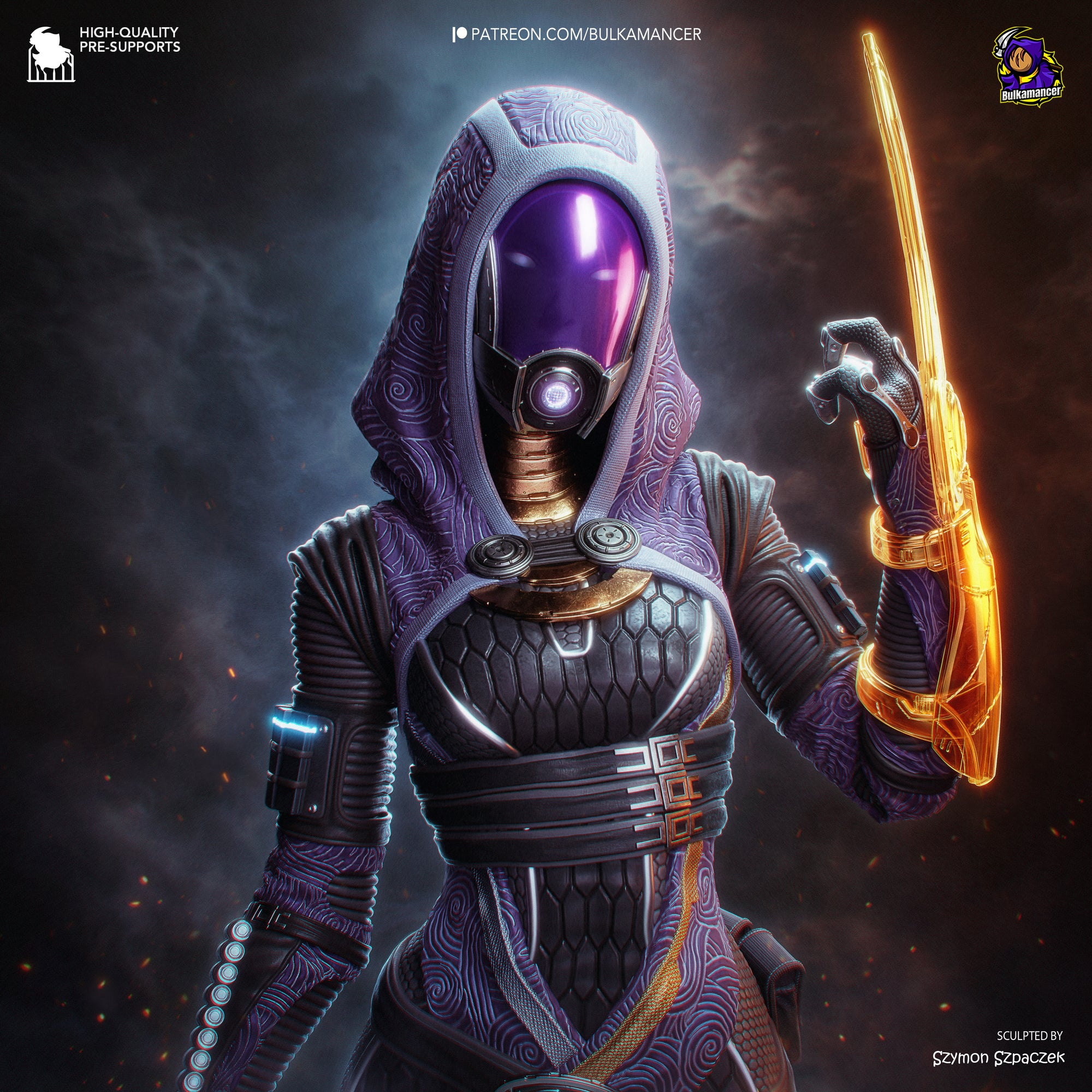 A futuristic, purple-clad figure wielding a glowing golden weapon stands in a dark, fiery environment, with a mysterious, otherworldly atmosphere.