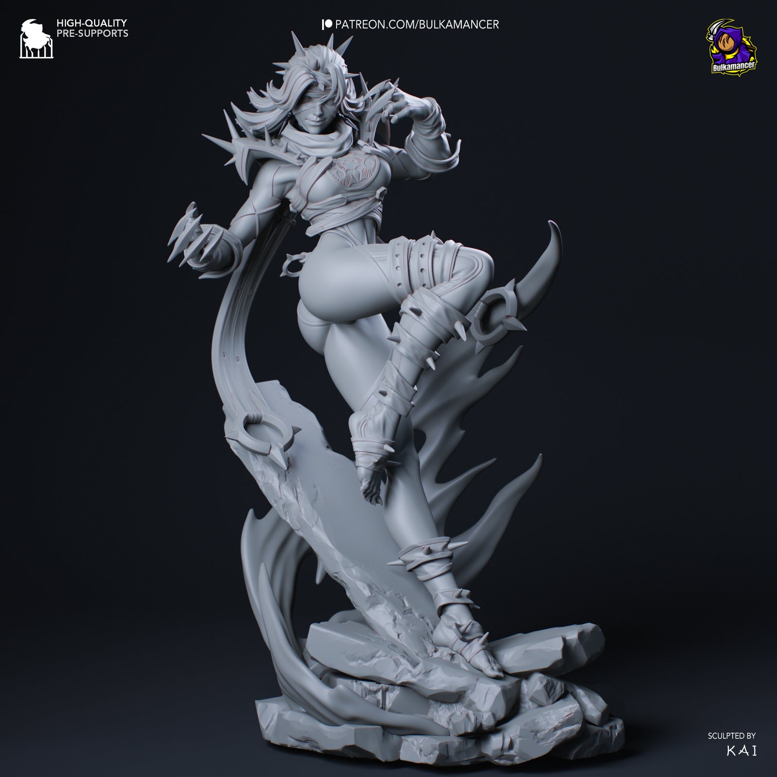 A detailed 3D model of a female character with a fierce expression, wearing a heavily armored and battle-ready outfit, standing on a rocky platform against a dark background.