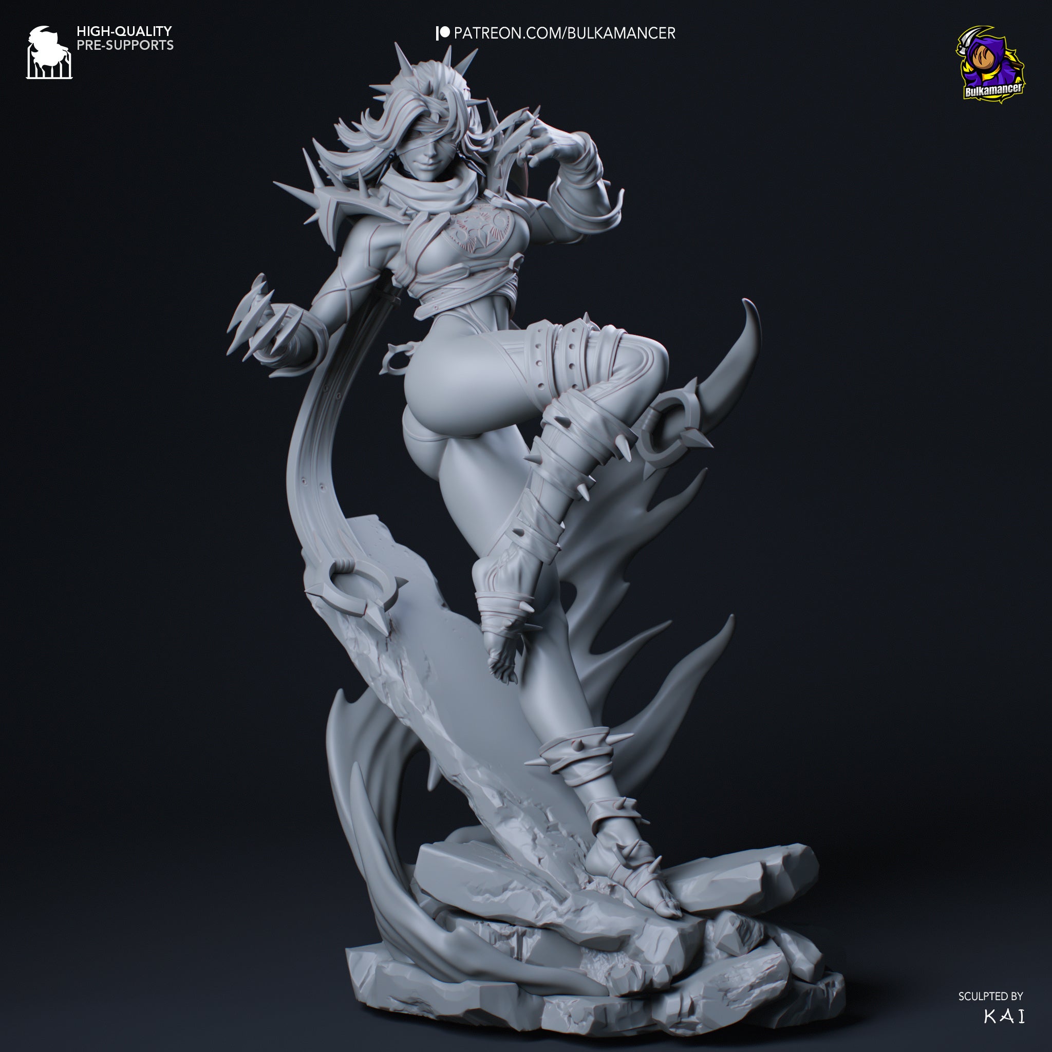 A detailed 3D model of a female character with a fierce expression, wearing a heavily armored and battle-ready outfit, standing on a rocky platform against a dark background.
