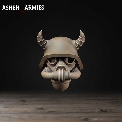 A 3D rendering of a helmet with horns, resembling a futuristic or military-style helmet, against a dark background.