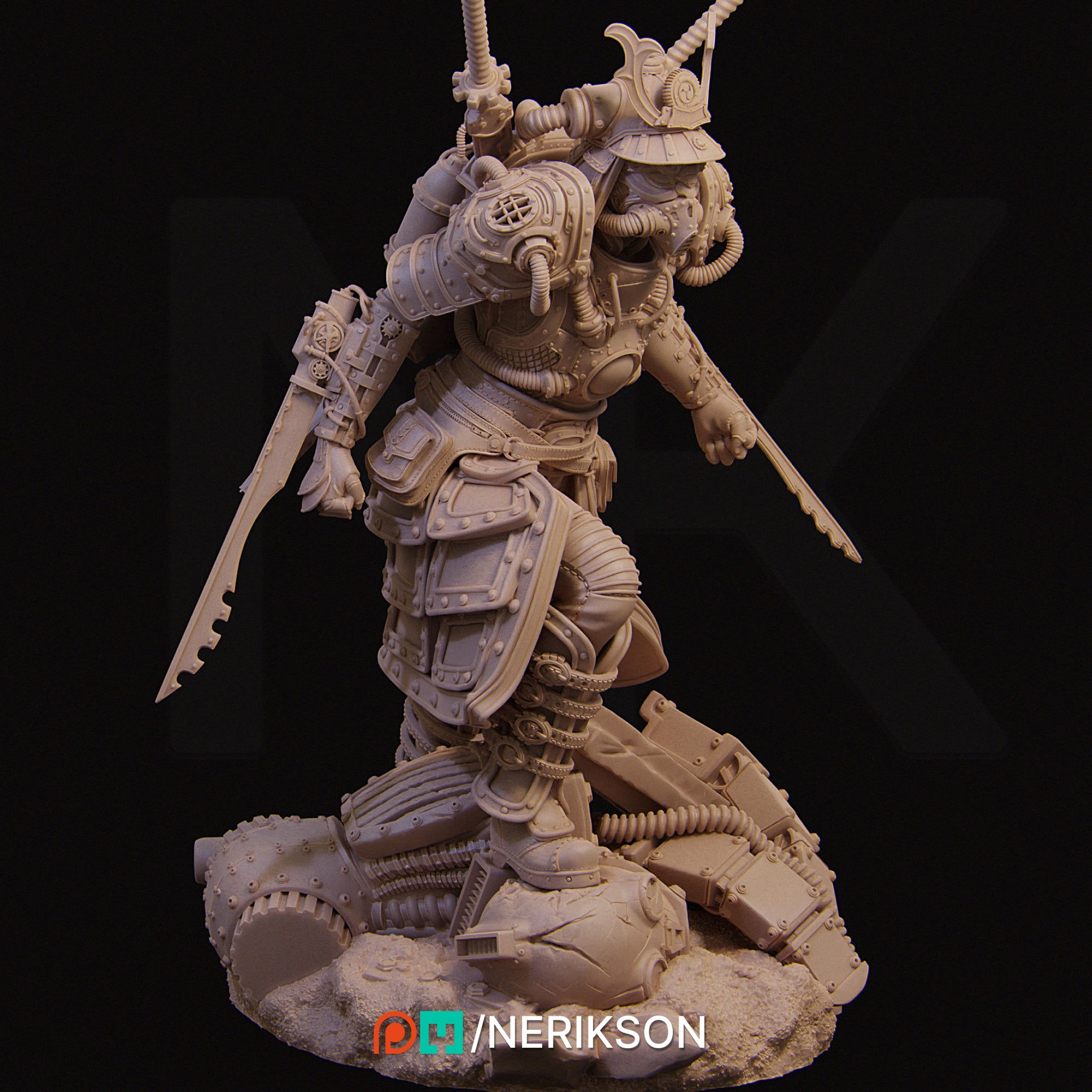 A detailed 3D model of a warrior figure, likely inspired by Japanese armor and wielding various weapons.