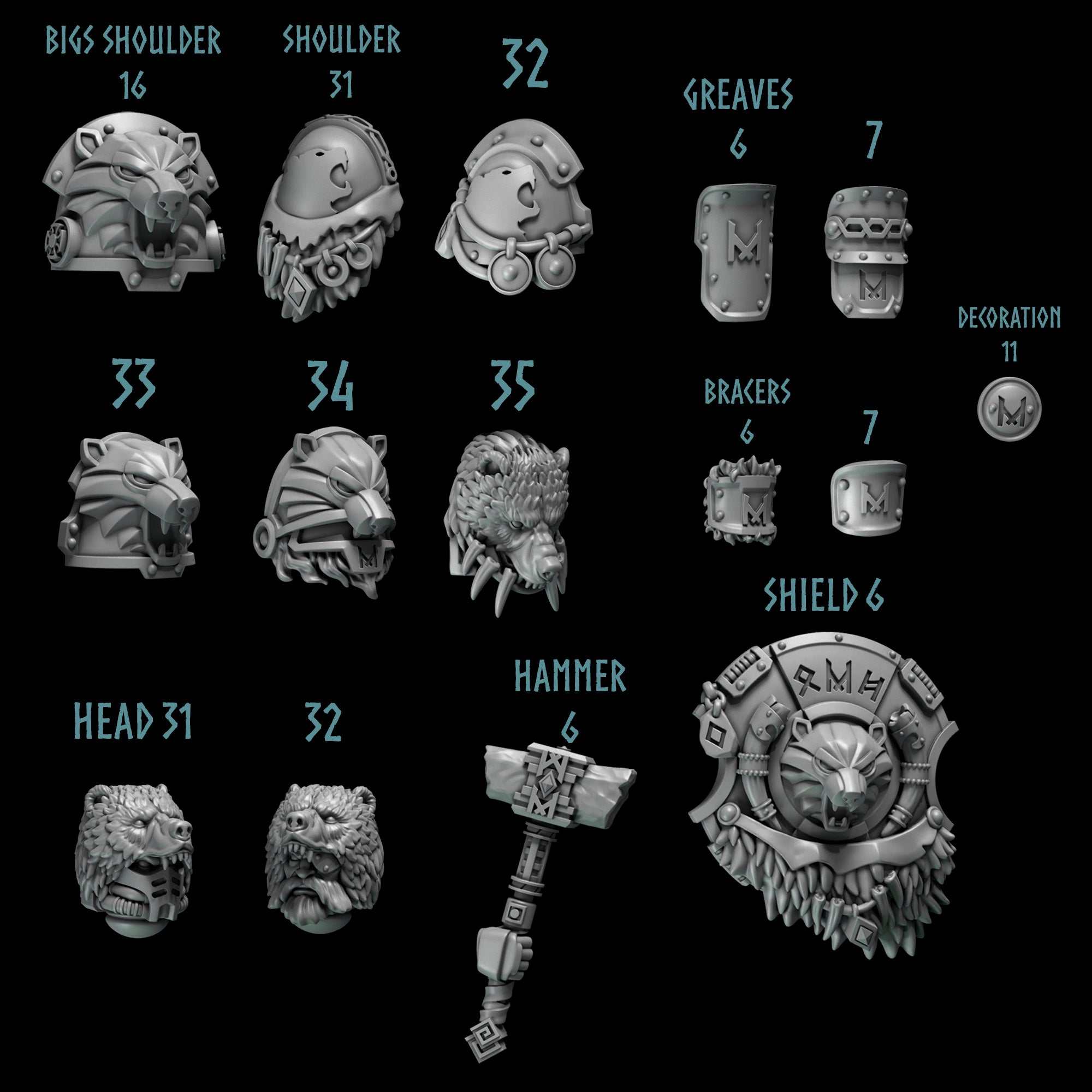 various detailed 3D models of armor and weapons, including shields, helmets, and other protective gear. The models are arranged in a grid format, with each item labeled with numbers and descriptions.