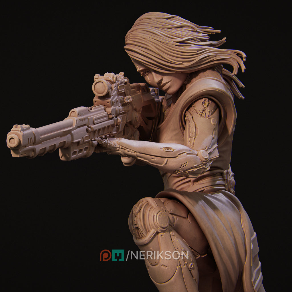 A 3D rendering of a female character with long hair, holding a futuristic-looking gun.