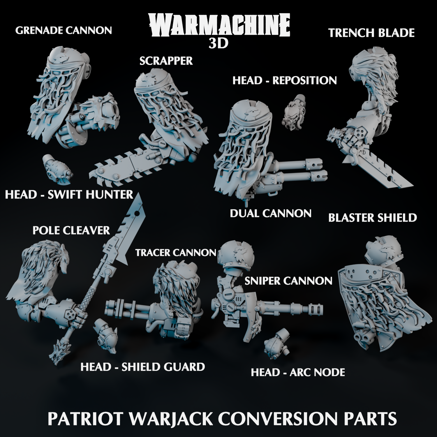 various 3D models of weapons and armor pieces, including agrenade cannon, trench blade, scrapper, head-repositioning, head-swift-hunter, dual cannon, blender shield, pole cleaner, tracer cannon, snipper cannon, and head-shield-guard.