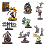 a collection of various figurines and models, including fantasy creatures and characters, displayed on a black background.