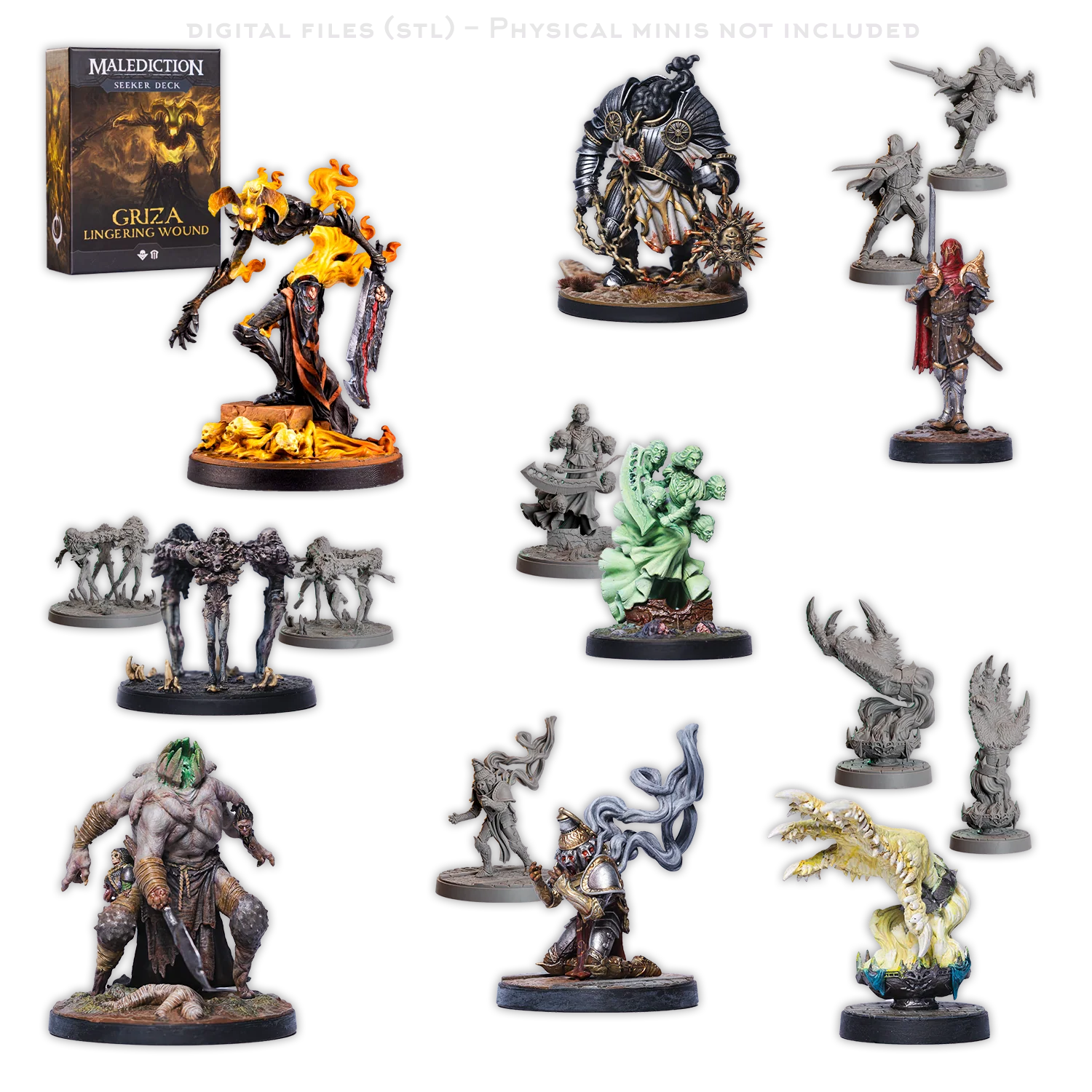 a collection of various figurines and models, including fantasy creatures and characters, displayed on a black background.