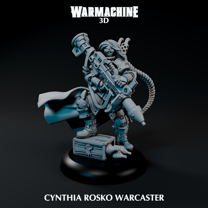 A 3D model of a character named Cynthia Rosko, who is holding a large gun and standing on a platform.