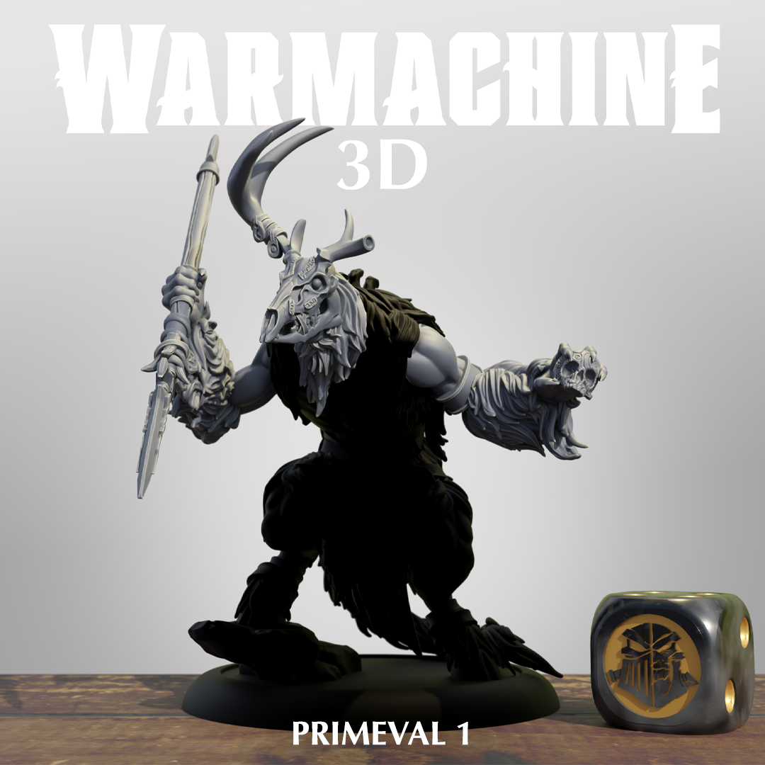 a 3D model of a fantastical creature, possibly a mythical or magical being, with horns and a large weapon. The creature is standing on a base and appears to be ready for battle or action.