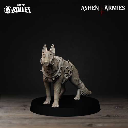 A statue of a dog with spiked fur and a spiked collar, standing on a black base against a dark background.