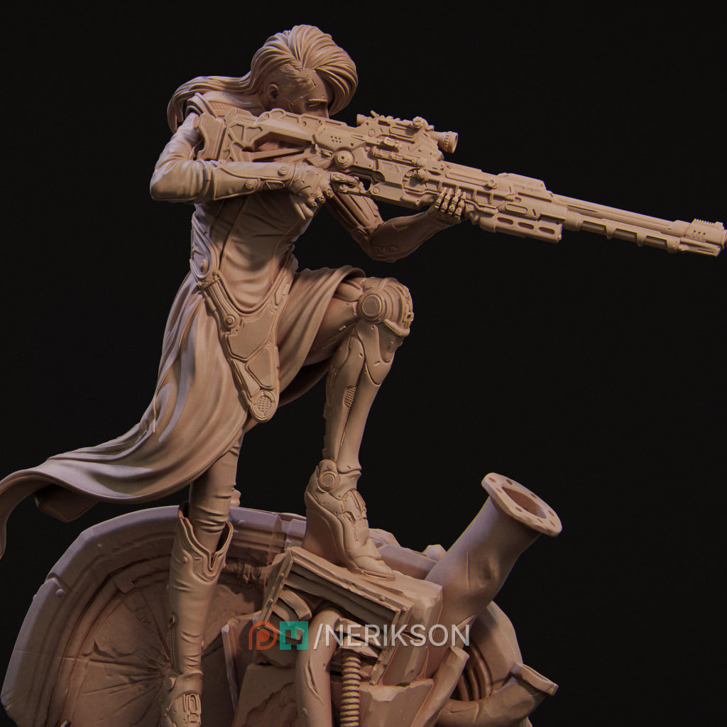 A 3D rendering of a female character holding a large gun, standing on a platform or structure.