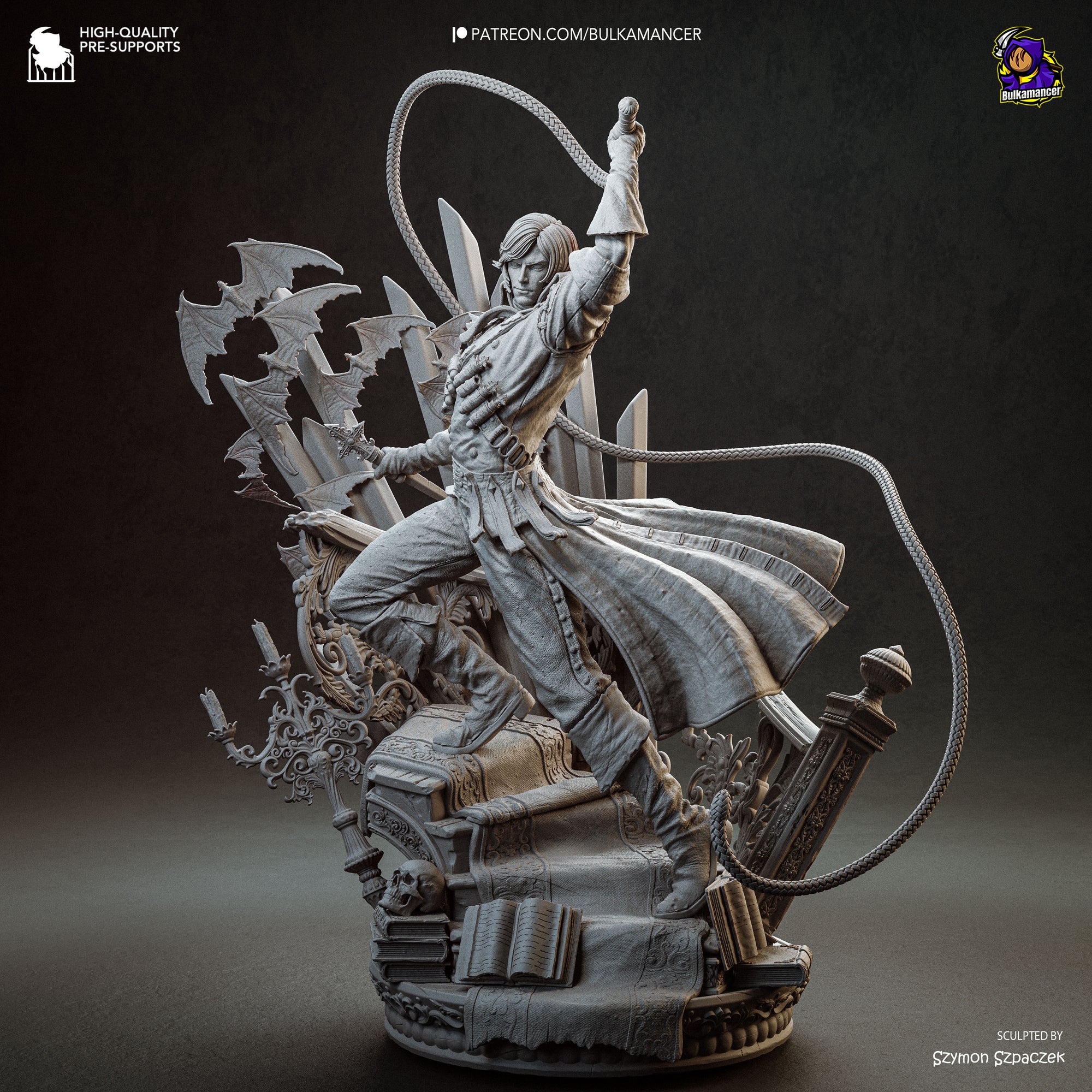 A detailed 3D model of a character with a sword and a lasso, surrounded by various elements such as books, plants, and other objects, all set against a dark background.