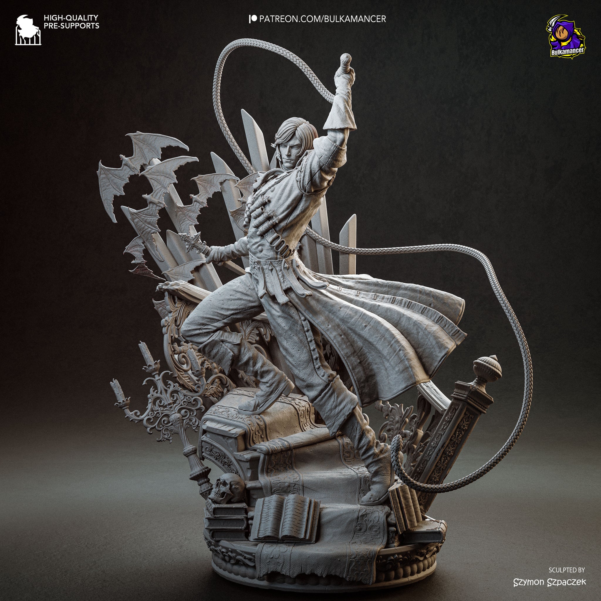 A detailed 3D model of a character with a sword and a lasso, surrounded by various elements such as books, plants, and other objects, all set against a dark background.