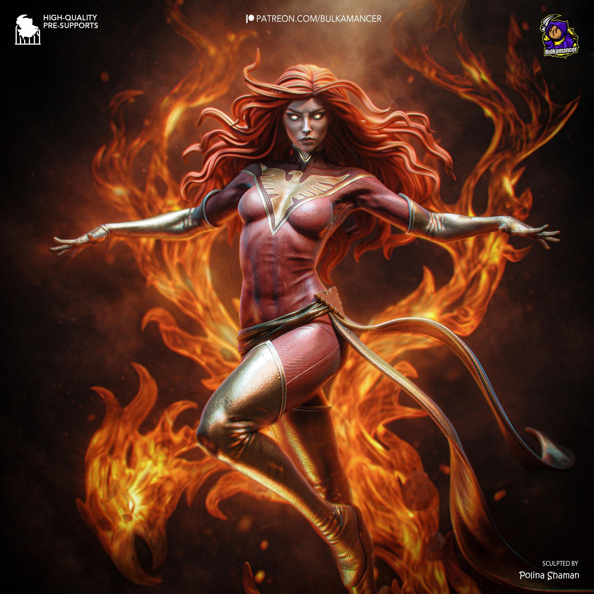 Blazing Rebirth – Elemental Fire Sorceress Display Statue | Large 3D Printed Resin Sculpture | Unpainted Collector Model