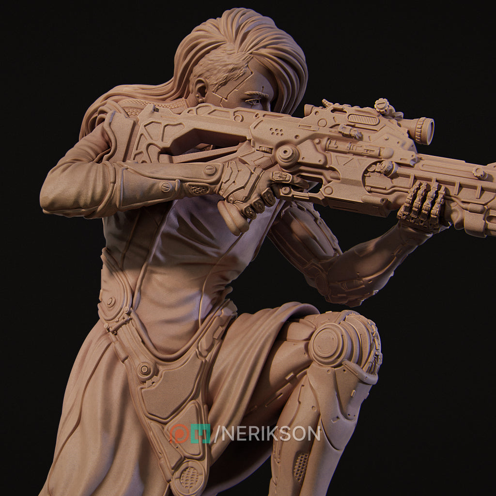 A detailed 3D rendering of a female character holding a futuristic-looking gun.