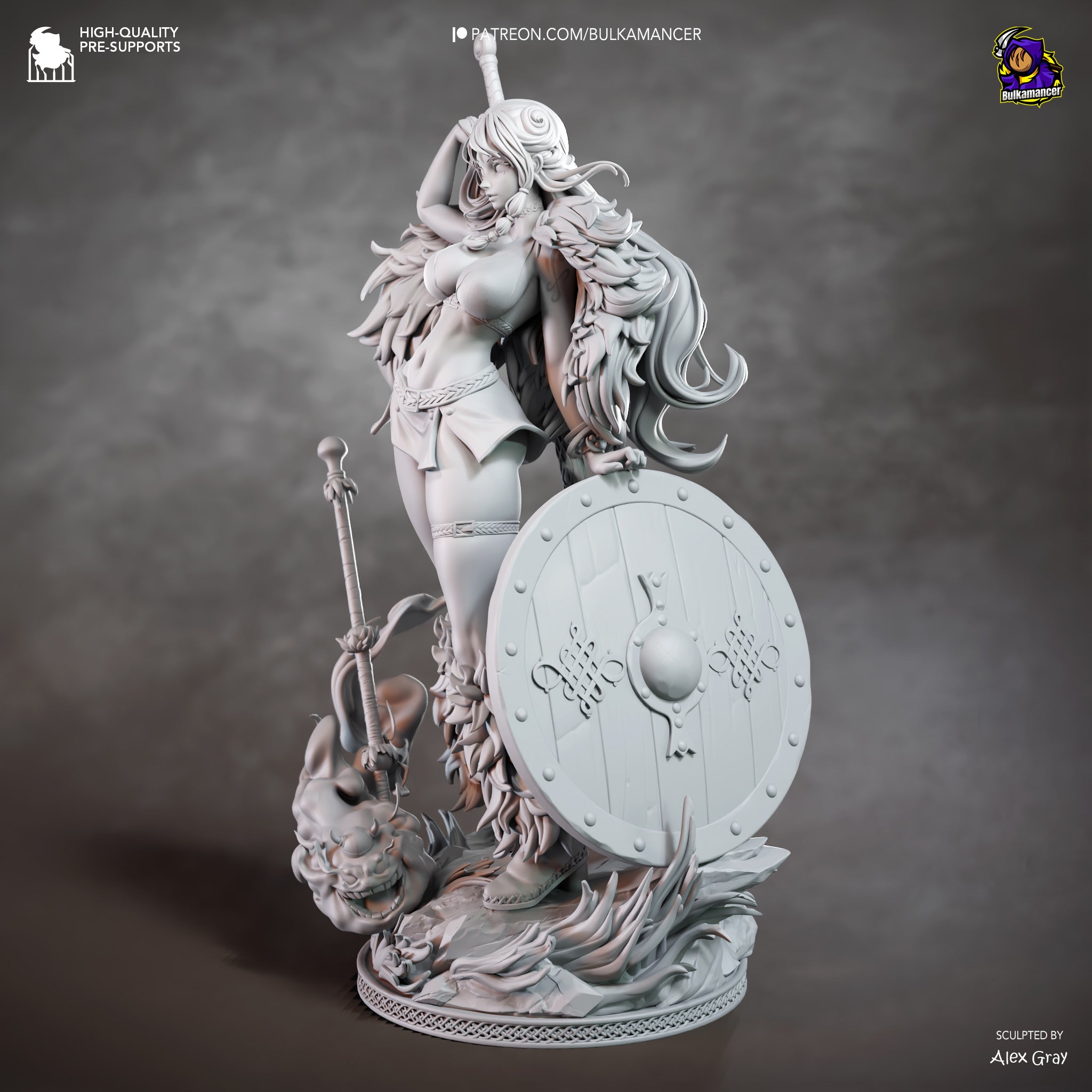 A detailed 3D model of a female warrior figure, holding a shield and sword, standing on a rocky base.