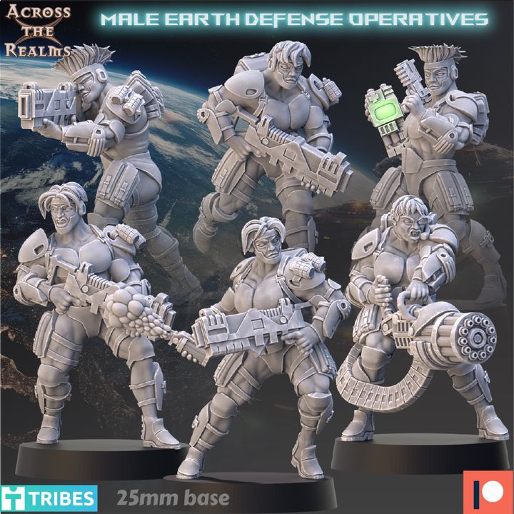 The image is a collage of five male earth defense operators, each holding various weapons and equipment, set against a backdrop of a planet.