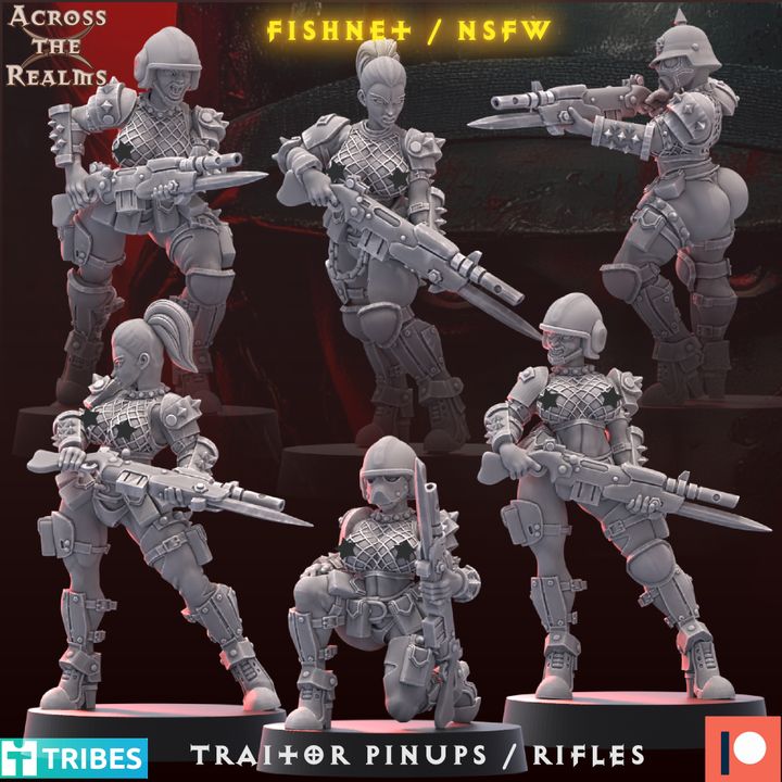 The image is a collage of six 3D models of female soldiers, each holding a gun and wearing various types of armor and weapons. The models are arranged in a grid-like pattern, with some standing and others kneeling. The background of the image is dark and has a red and black color scheme.