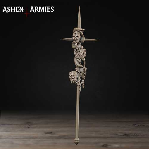 A detailed sculpture of a cross with intricate designs and patterns, including a skull and other symbolic elements, against a dark background.