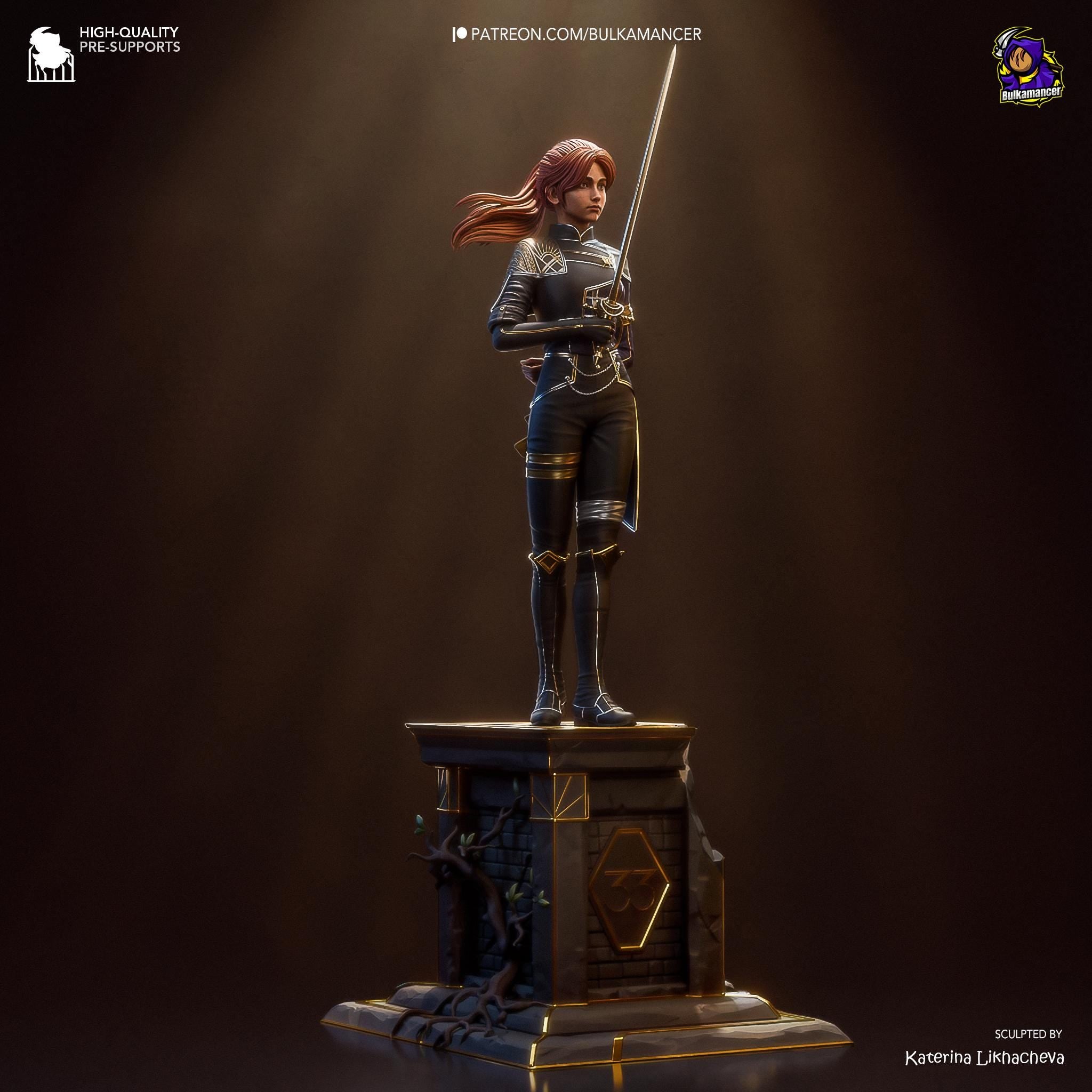a statue of a woman with a sword on a pedestal