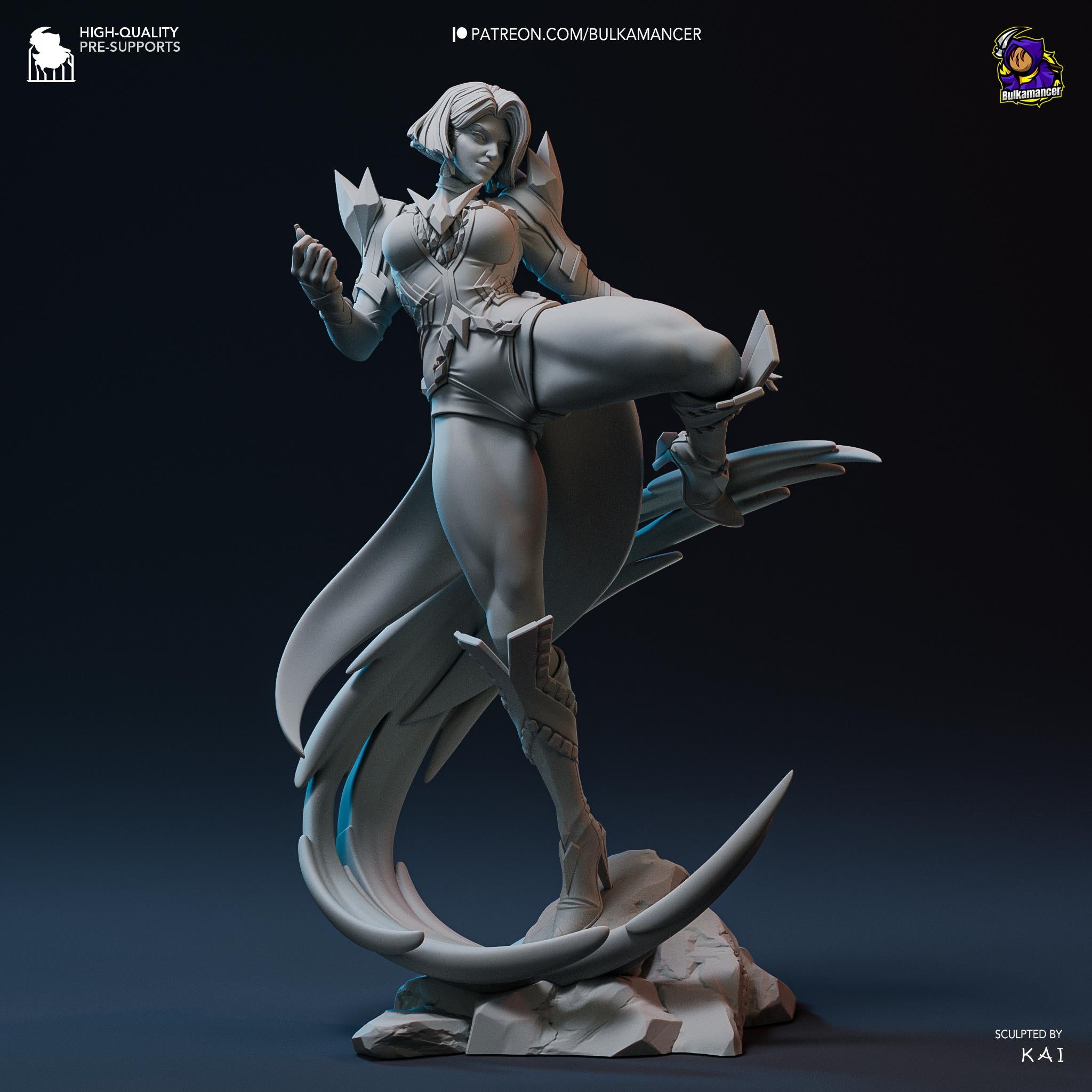 A 3D rendering of a female character with a fierce expression, standing on a rock formation and holding a weapon.
